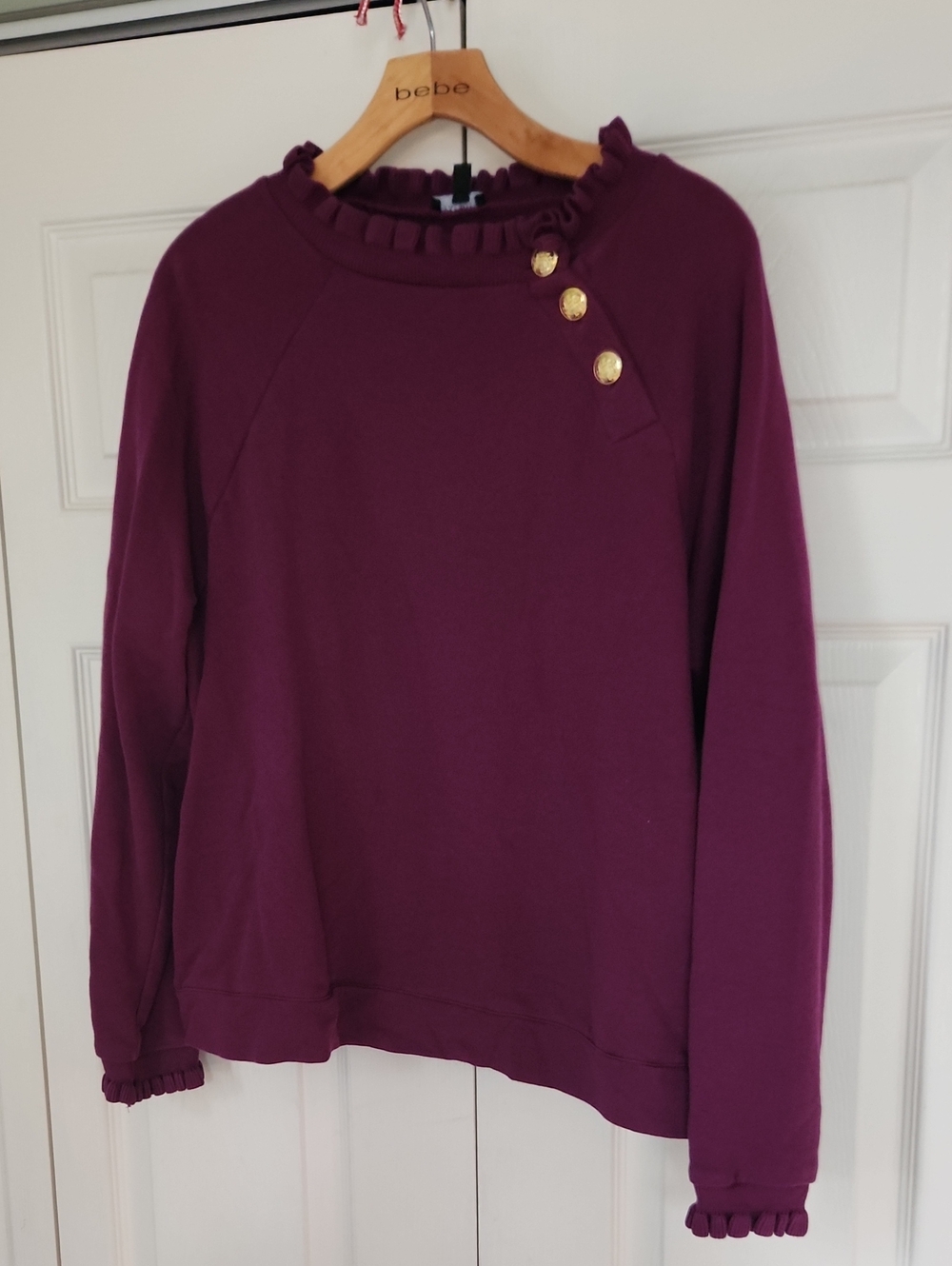Talbots Plum Ruffle-Trim Crew Sweater with Gold Buttons